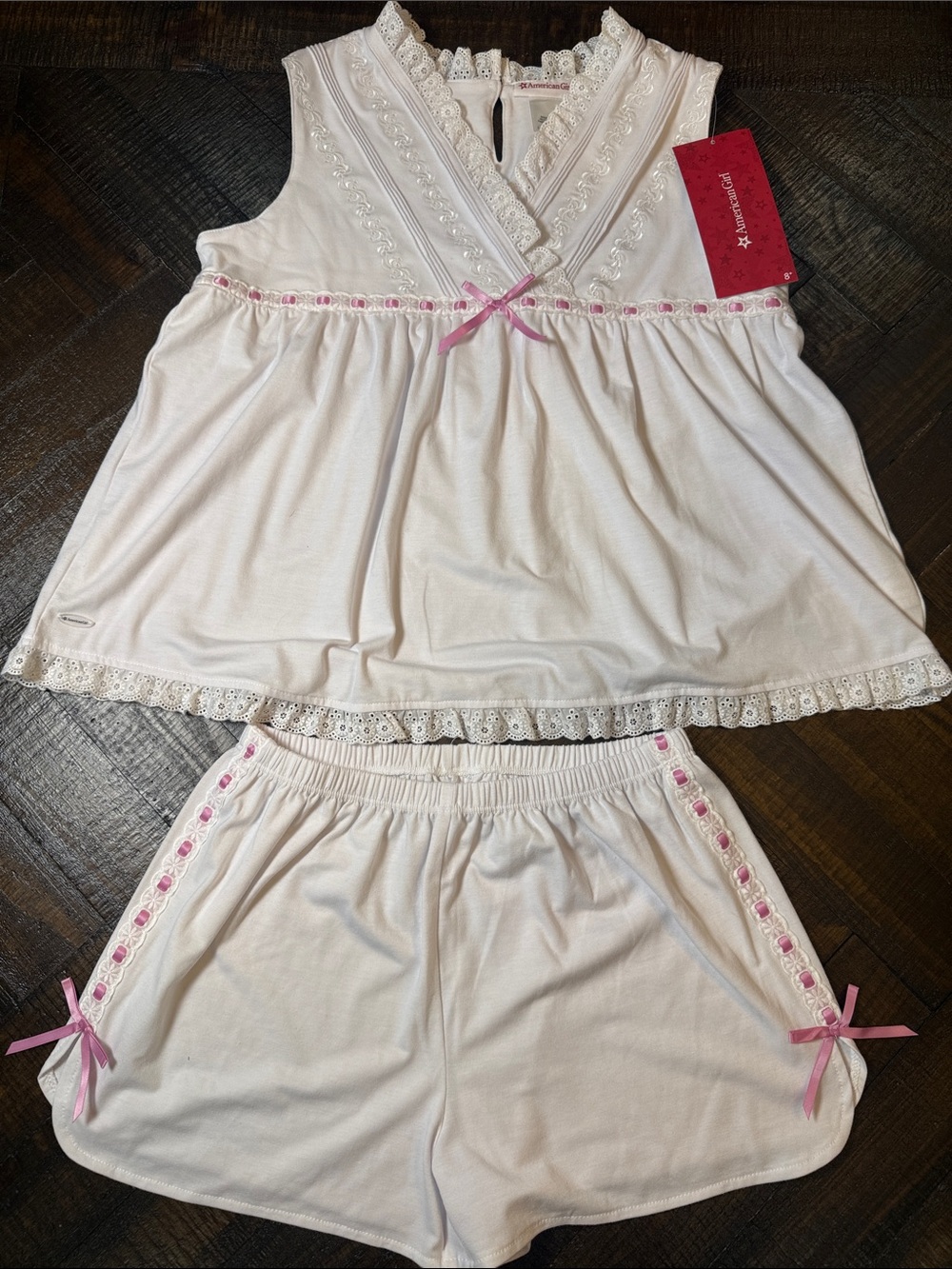 American Girl Girls L 14/16 White Pink Lace Pajama Sleep Set NWT